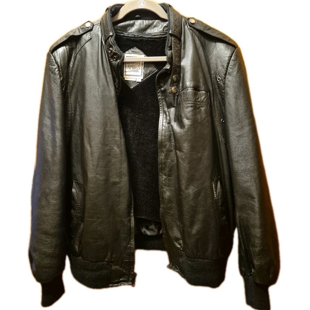 Vintage Hardy Amies London Black Leather Bomber Jacket XL Faux Shearling Lined